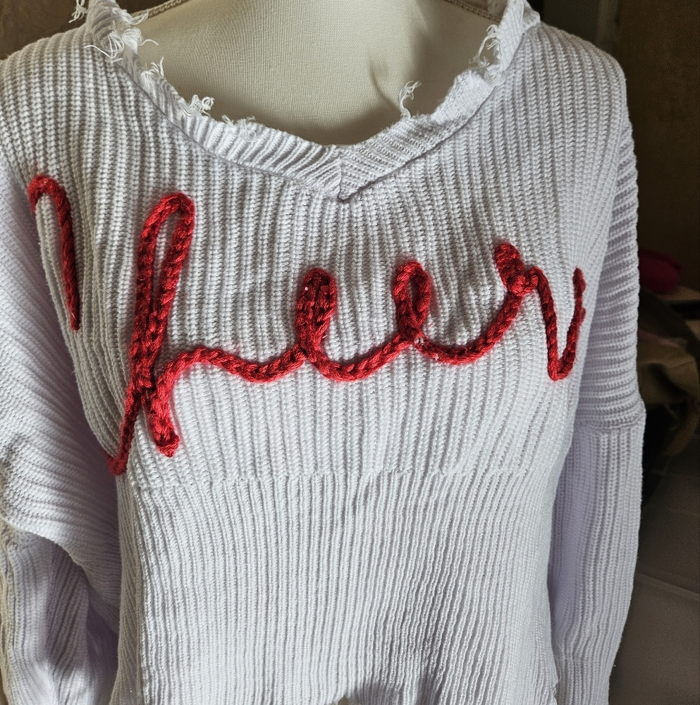 Simply Southern White Sweater with Red Cheer Design- Distressed